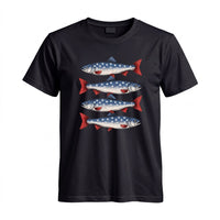 Thumbnail for May include a Black patriotic fishing graphic printed on a T-shirt featuring an American flag-inspired fish design for anglers celebrating the Fourth of July.