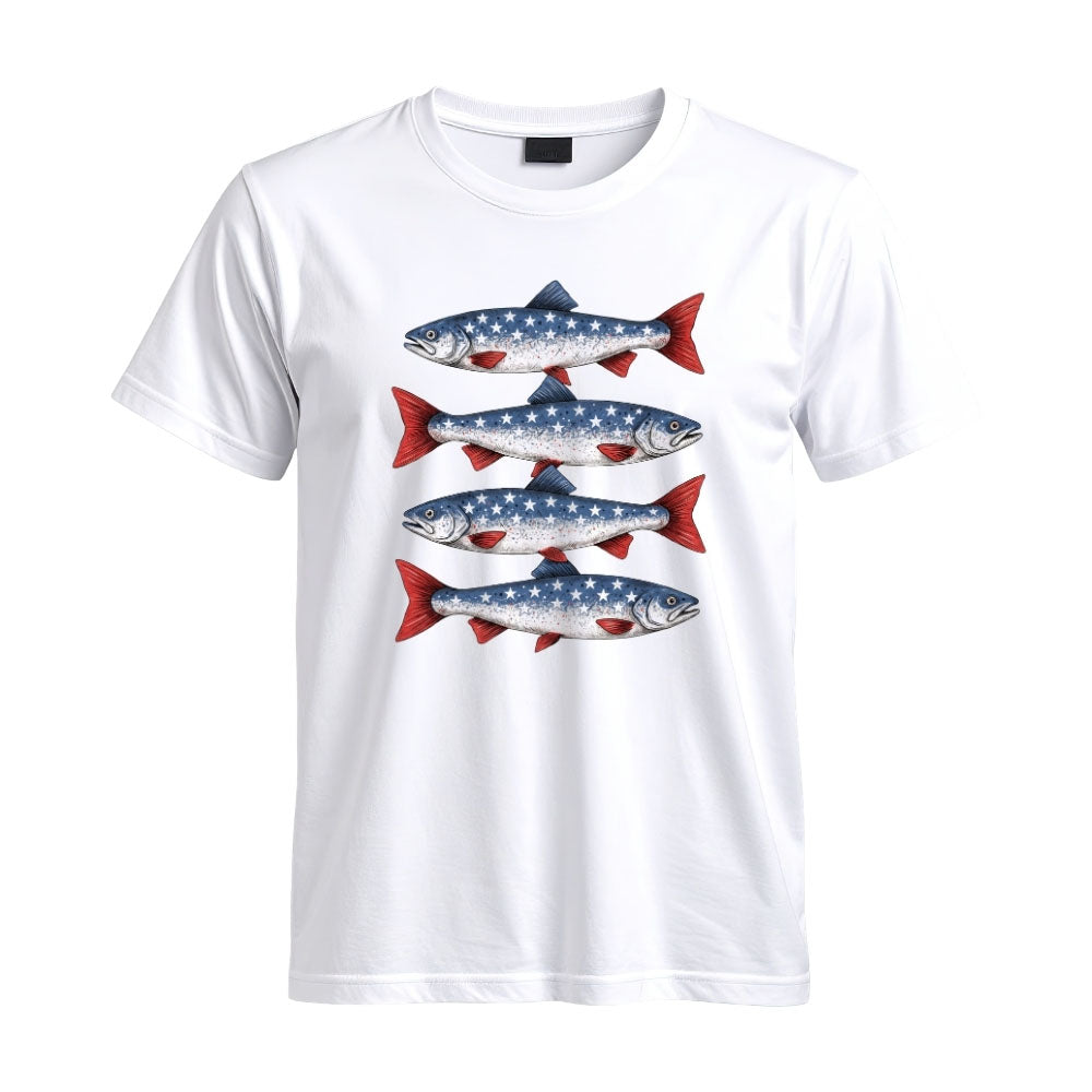 May include a White patriotic fishing graphic printed on a T-shirt featuring an American flag-inspired fish design for anglers celebrating the Fourth of July.