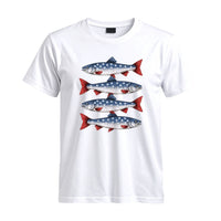 Thumbnail for May include a White patriotic fishing graphic printed on a T-shirt featuring an American flag-inspired fish design for anglers celebrating the Fourth of July.