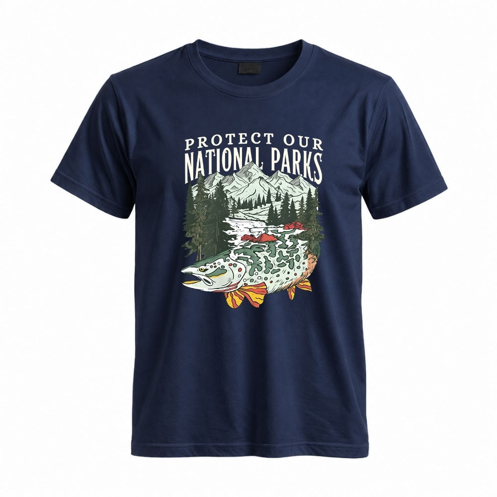May include a Navy Protect Our National Parks Fish X River Graphic T-Shirt featuring a fish silhouette with a scenic river landscape for anglers, hikers, campers, and nature lovers.
