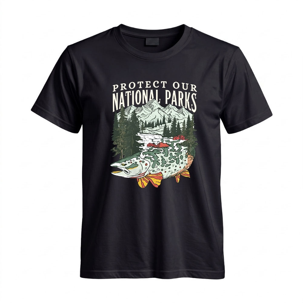 May include a Black Protect Our National Parks Fish X River Graphic T-Shirt featuring a fish silhouette with a scenic river landscape for anglers, hikers, campers, and nature lovers.