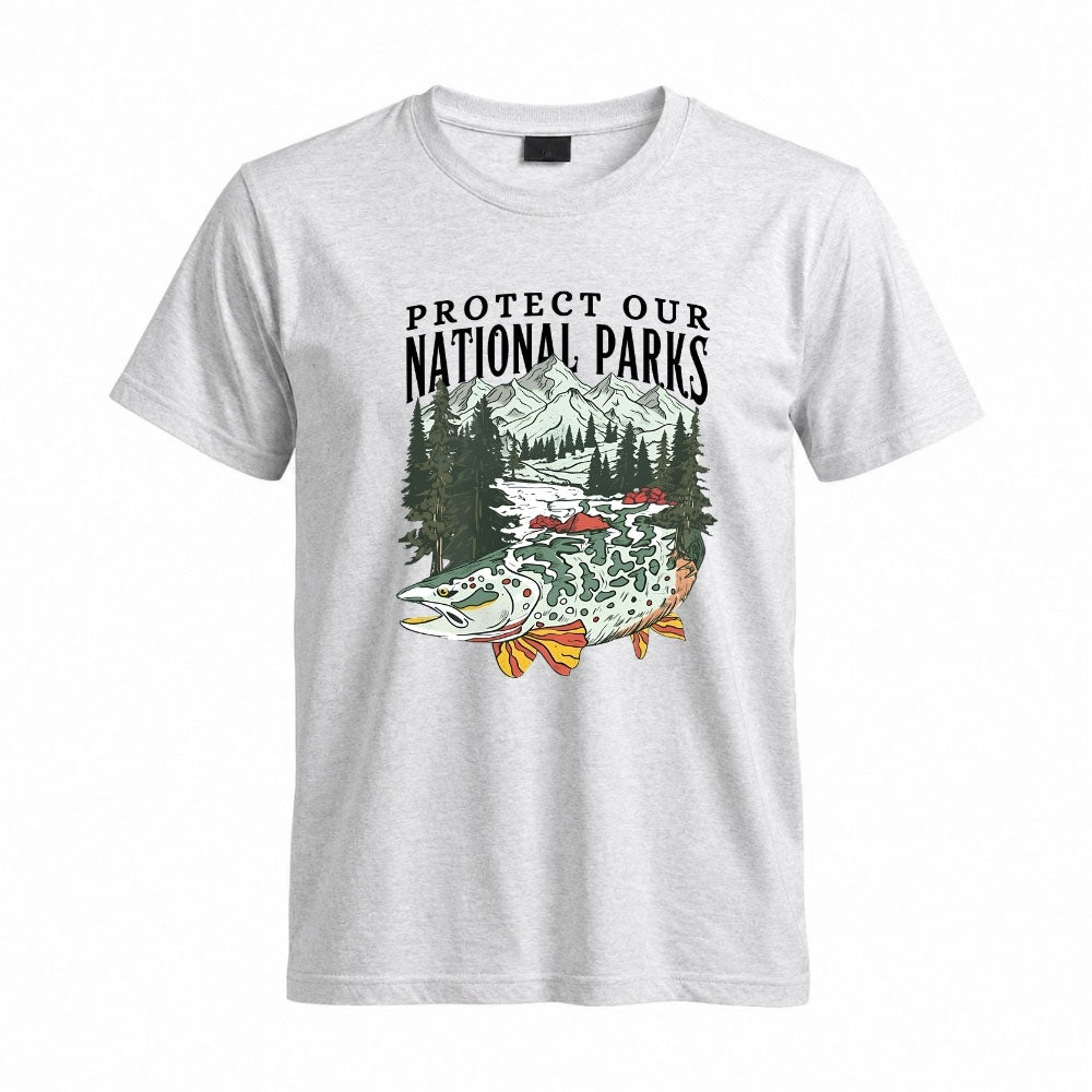 May include a Sport Grey Protect Our National Parks Fish X River Graphic T-Shirt featuring a fish silhouette with a scenic river landscape for anglers, hikers, campers, and nature lovers.