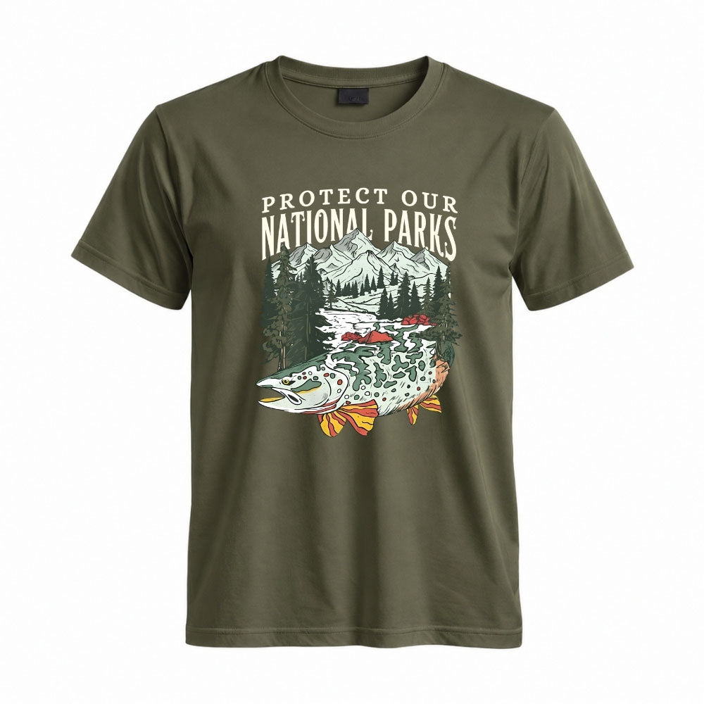 May include a Military Green Protect Our National Parks Fish X River Graphic T-Shirt featuring a fish silhouette with a scenic river landscape for anglers, hikers, campers, and nature lovers.
