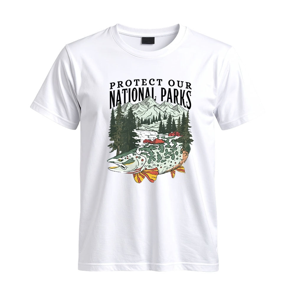 May include a White Protect Our National Parks Fish X River Graphic T-Shirt featuring a fish silhouette with a scenic river landscape for anglers, hikers, campers, and nature lovers.