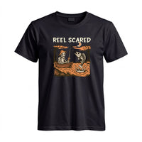 Thumbnail for May include a Black person wearing the Reel Scared Halloween T-Shirt featuring a funny fishing-inspired Halloween graphic for spooky season celebrations.