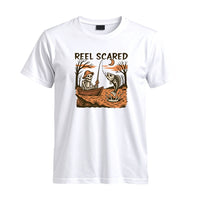 Thumbnail for May include a White person wearing the Reel Scared Halloween T-Shirt featuring a funny fishing-inspired Halloween graphic for spooky season celebrations.