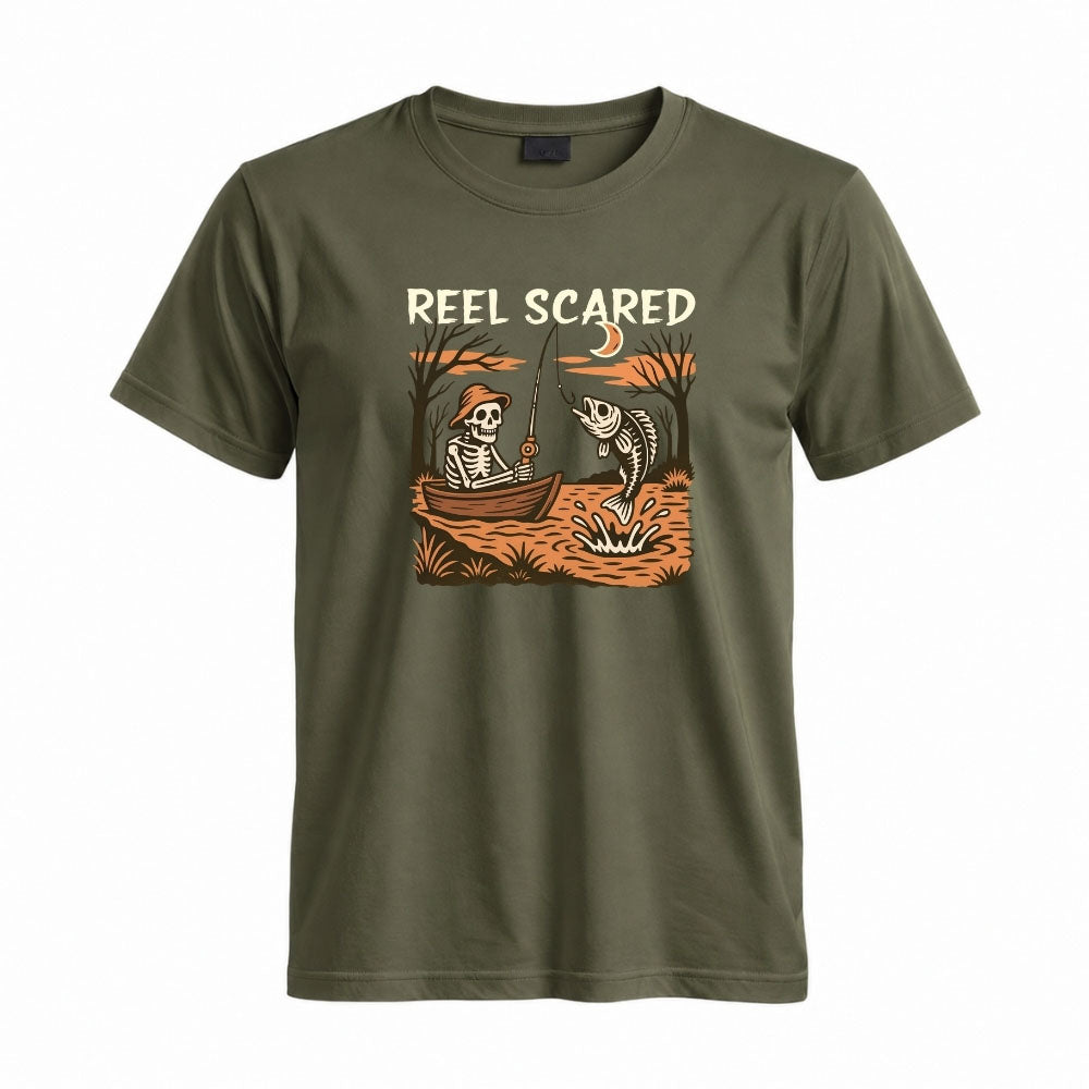 May include a Military Green person wearing the Reel Scared Halloween T-Shirt featuring a funny fishing-inspired Halloween graphic for spooky season celebrations.