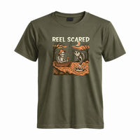 Thumbnail for May include a Military Green person wearing the Reel Scared Halloween T-Shirt featuring a funny fishing-inspired Halloween graphic for spooky season celebrations.