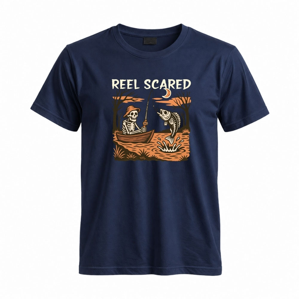 May include a Navy person wearing the Reel Scared Halloween T-Shirt featuring a funny fishing-inspired Halloween graphic for spooky season celebrations.