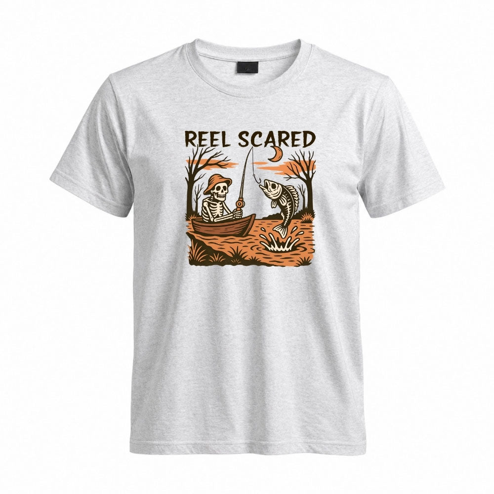 May include a Sport Grey person wearing the Reel Scared Halloween T-Shirt featuring a funny fishing-inspired Halloween graphic for spooky season celebrations.