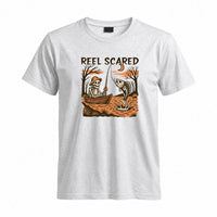 Thumbnail for May include a Sport Grey person wearing the Reel Scared Halloween T-Shirt featuring a funny fishing-inspired Halloween graphic for spooky season celebrations.