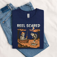 Thumbnail for May include a Navy person wearing the Reel Scared Halloween T-Shirt featuring a funny fishing-inspired Halloween graphic for spooky season celebrations.