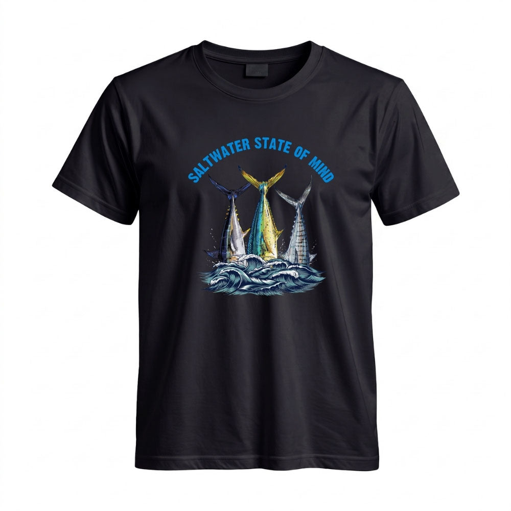 May include a Black person wearing the Offshore Slam Performance Fishing T-Shirt designed for offshore anglers during a saltwater fishing adventure on the open water.