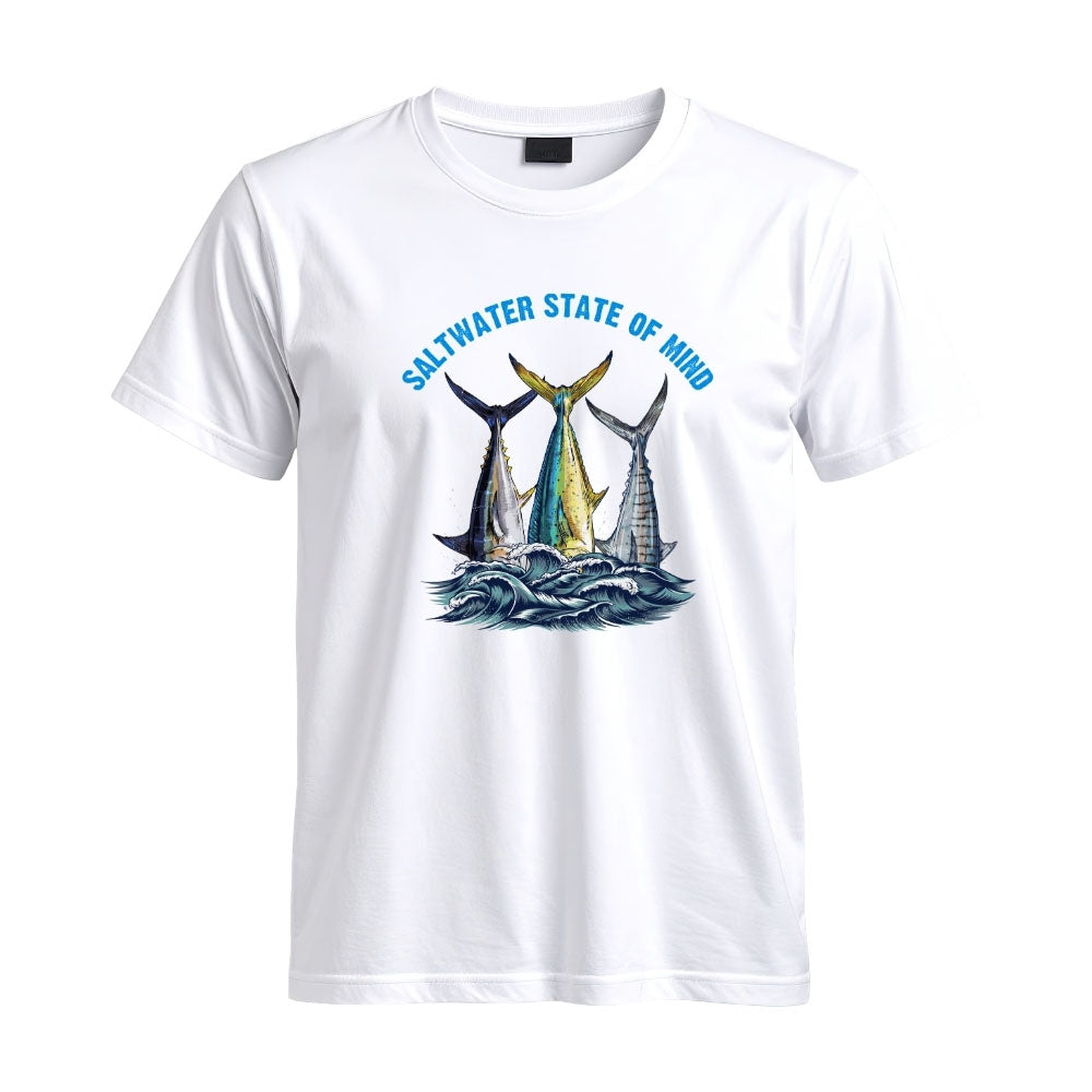 May include a White person wearing the Offshore Slam Performance Fishing T-Shirt designed for offshore anglers during a saltwater fishing adventure on the open water.