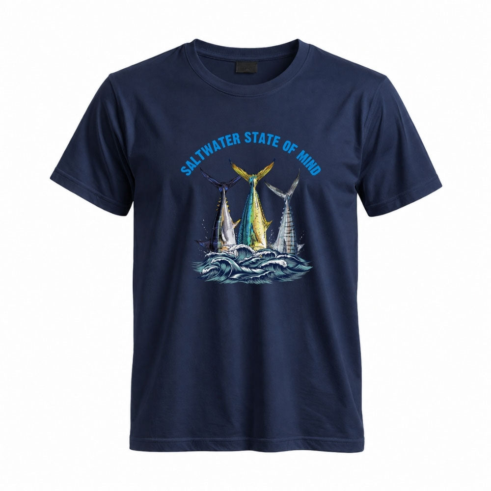 May include a Navy person wearing the Offshore Slam Performance Fishing T-Shirt designed for offshore anglers during a saltwater fishing adventure on the open water.