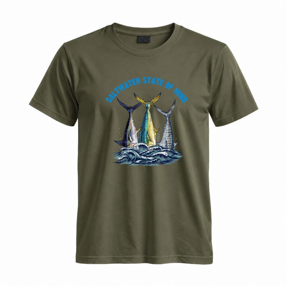 May include a military Green person wearing the Offshore Slam Performance Fishing T-Shirt designed for offshore anglers during a saltwater fishing adventure on the open water.