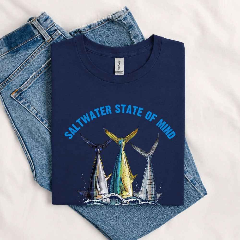 May include a Navy person wearing the Offshore Slam Performance Fishing T-Shirt designed for offshore anglers during a saltwater fishing adventure on the open water.
