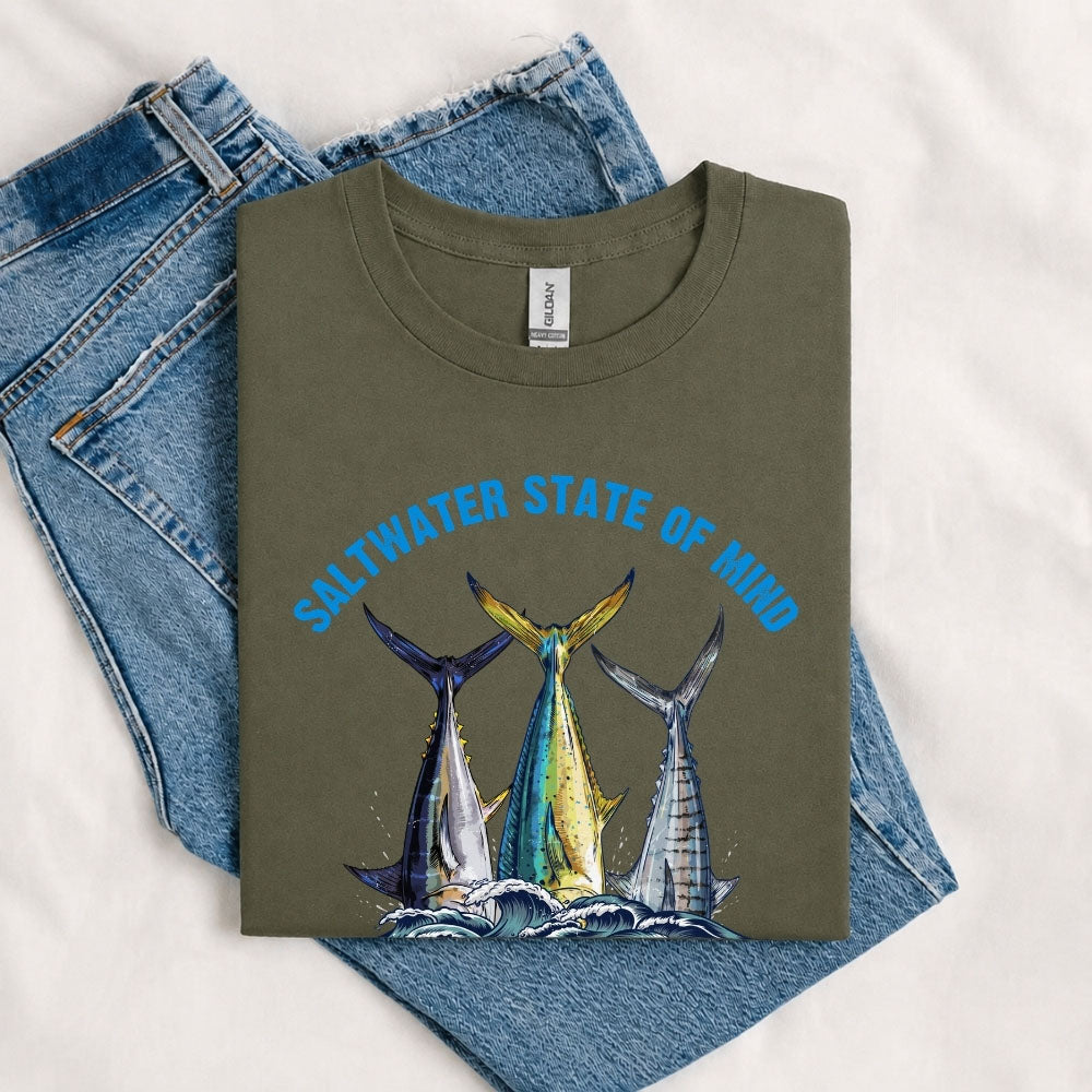 May include a military Green person wearing the Offshore Slam Performance Fishing T-Shirt designed for offshore anglers during a saltwater fishing adventure on the open water.