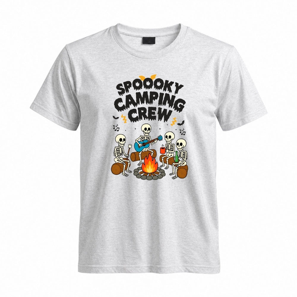 May include a Sport grey Spooky Camping Crew T-Shirt featuring a funny Halloween camping graphic with festive fall elements for campers and outdoor enthusiasts.