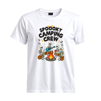 Thumbnail for May include a White Spooky Camping Crew T-Shirt featuring a funny Halloween camping graphic with festive fall elements for campers and outdoor enthusiasts.