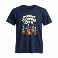 Thumbnail for May include a Navy Spooky Camping Crew T-Shirt featuring a funny Halloween camping graphic with festive fall elements for campers and outdoor enthusiasts.