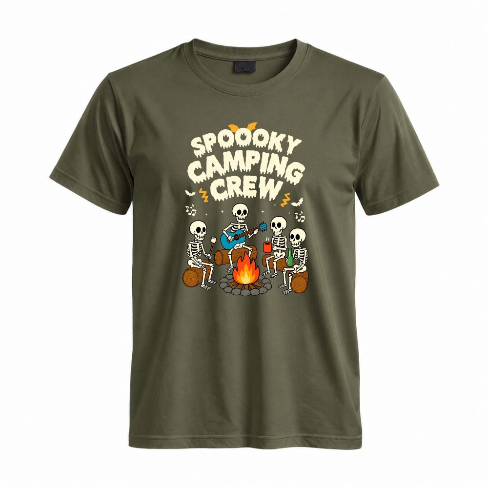 May include a Military Green Spooky Camping Crew T-Shirt featuring a funny Halloween camping graphic with festive fall elements for campers and outdoor enthusiasts.