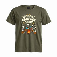 Thumbnail for May include a Military Green Spooky Camping Crew T-Shirt featuring a funny Halloween camping graphic with festive fall elements for campers and outdoor enthusiasts.
