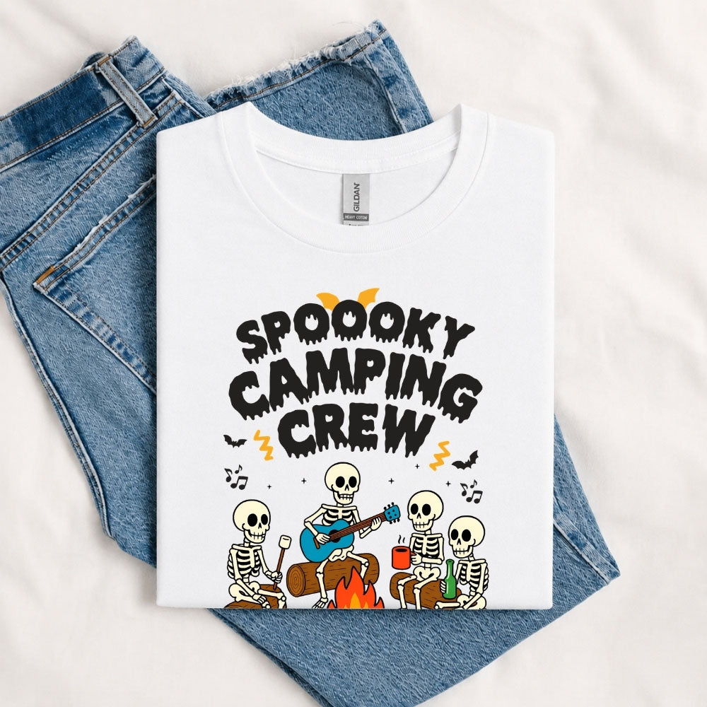 May include a White Spooky Camping Crew T-Shirt featuring a funny Halloween camping graphic with festive fall elements for campers and outdoor enthusiasts.