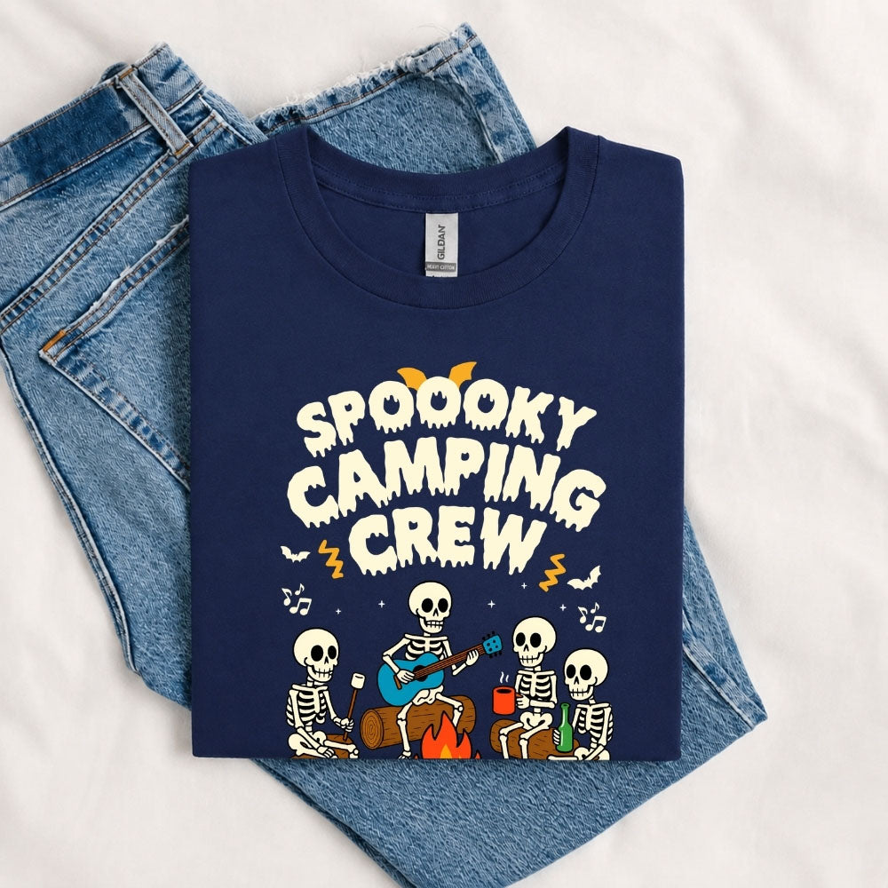 May include a Navy Spooky Camping Crew T-Shirt featuring a funny Halloween camping graphic with festive fall elements for campers and outdoor enthusiasts.