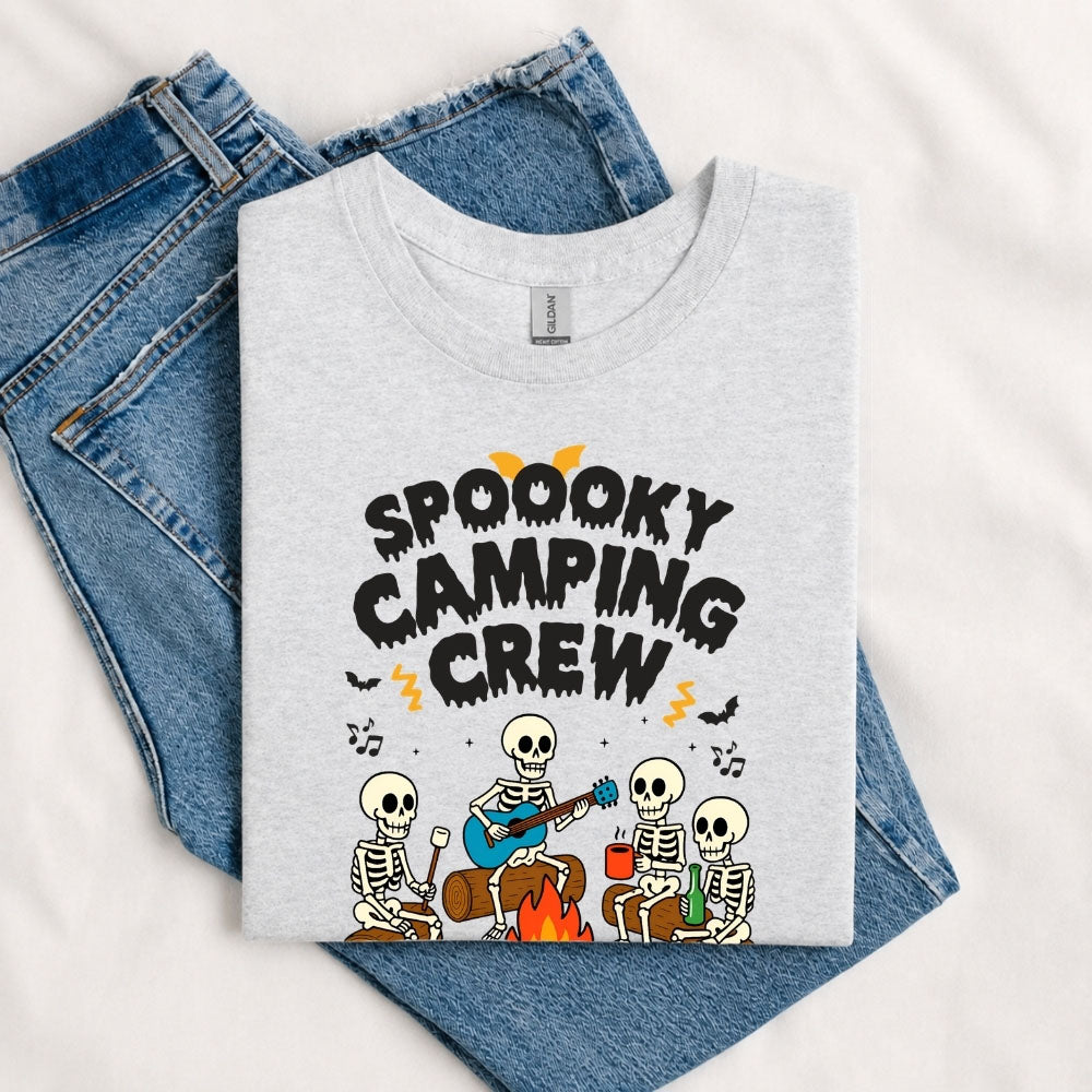 May include a Sport grey Spooky Camping Crew T-Shirt featuring a funny Halloween camping graphic with festive fall elements for campers and outdoor enthusiasts.