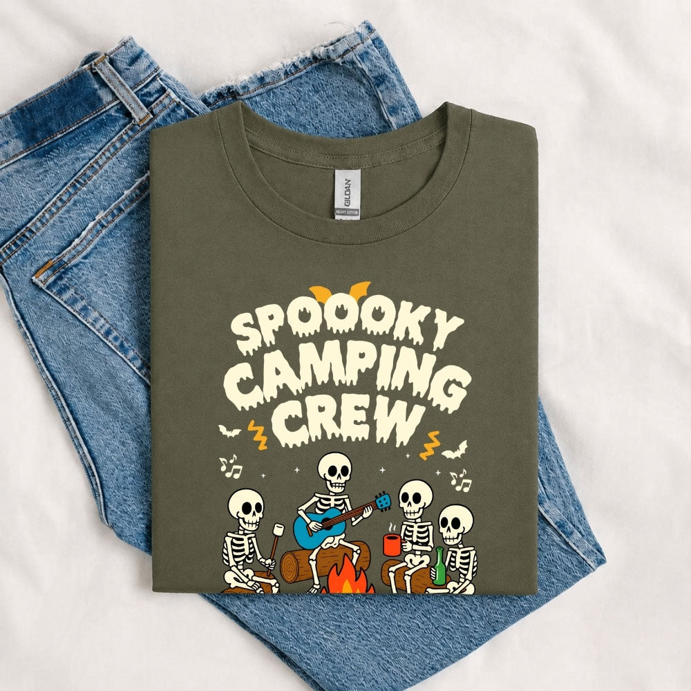 May include a Military Green Spooky Camping Crew T-Shirt featuring a funny Halloween camping graphic with festive fall elements for campers and outdoor enthusiasts.