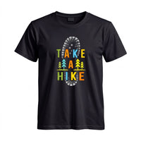 Thumbnail for May include a Black Take A Hike Boot Print T-Shirt featuring a hiking boot print graphic with a funny outdoor quote for hikers, campers, backpackers, and nature lovers.