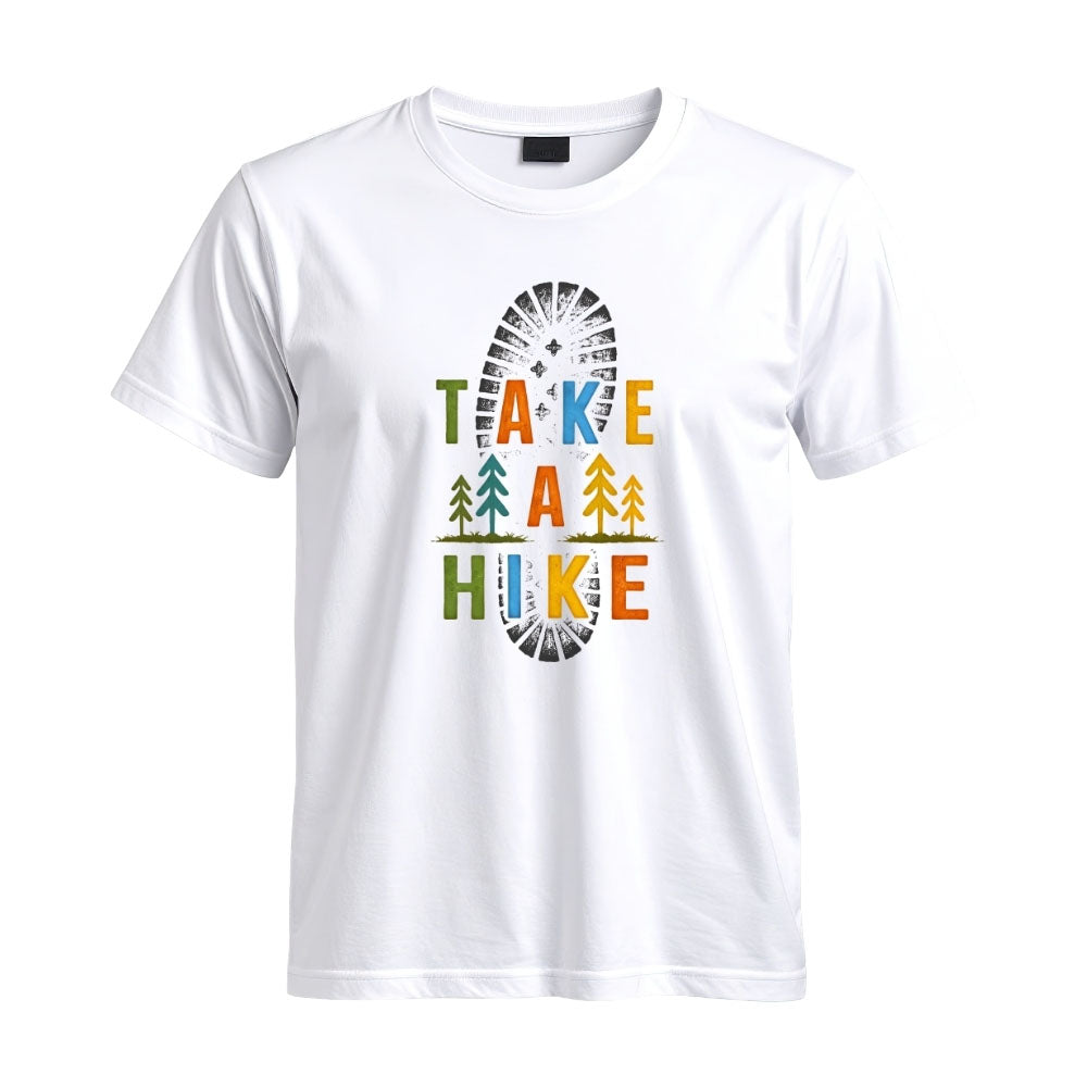 May include a White Take A Hike Boot Print T-Shirt featuring a hiking boot print graphic with a funny outdoor quote for hikers, campers, backpackers, and nature lovers.