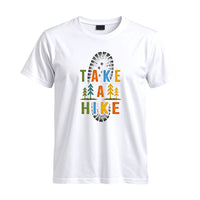 Thumbnail for May include a White Take A Hike Boot Print T-Shirt featuring a hiking boot print graphic with a funny outdoor quote for hikers, campers, backpackers, and nature lovers.