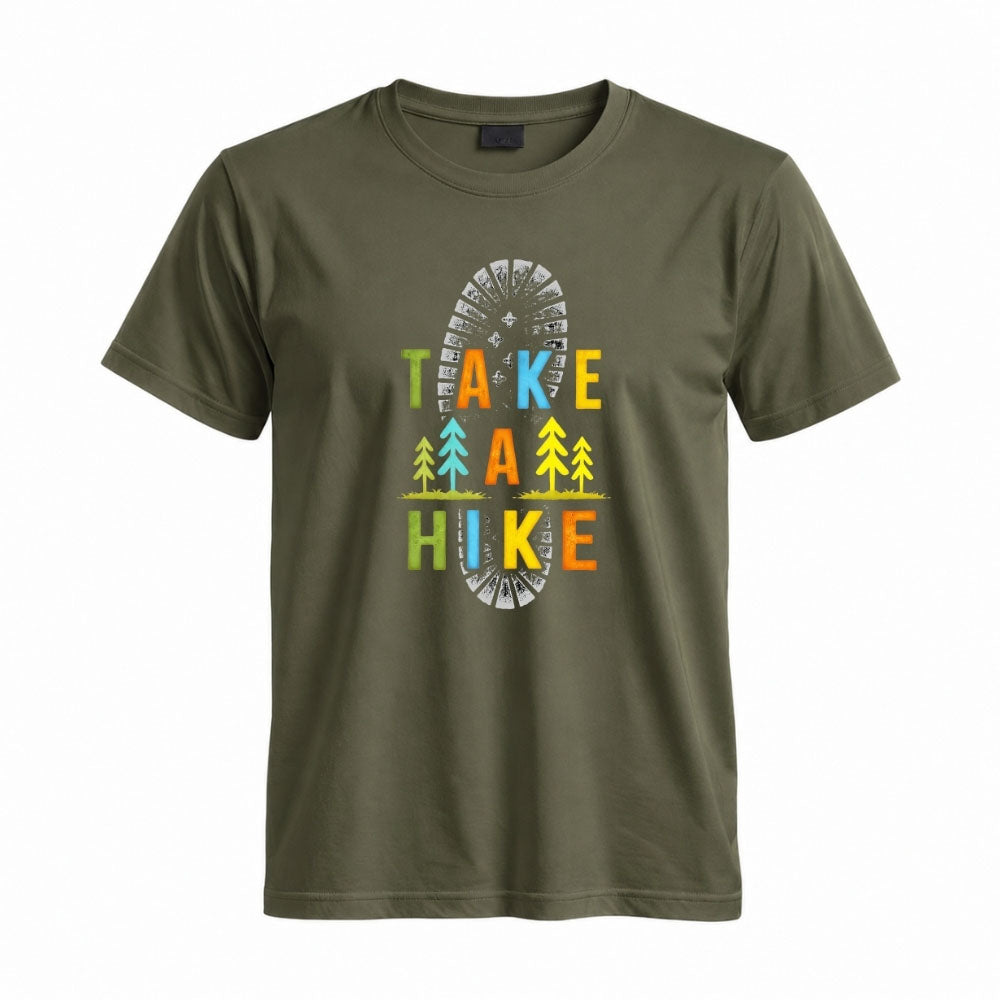 May include a Military Green Take A Hike Boot Print T-Shirt featuring a hiking boot print graphic with a funny outdoor quote for hikers, campers, backpackers, and nature lovers.