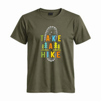 Thumbnail for May include a Military Green Take A Hike Boot Print T-Shirt featuring a hiking boot print graphic with a funny outdoor quote for hikers, campers, backpackers, and nature lovers.