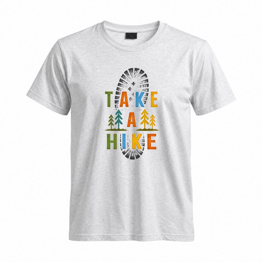 May include a Sport Grey Take A Hike Boot Print T-Shirt featuring a hiking boot print graphic with a funny outdoor quote for hikers, campers, backpackers, and nature lovers.