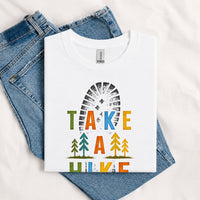 Thumbnail for May include a White Take A Hike Boot Print T-Shirt featuring a hiking boot print graphic with a funny outdoor quote for hikers, campers, backpackers, and nature lovers.