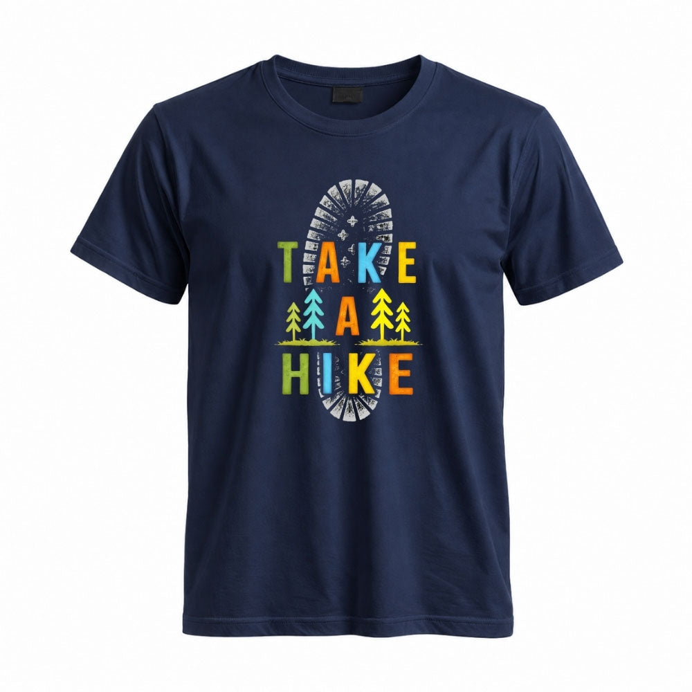 May include a Navy Take A Hike Boot Print T-Shirt featuring a hiking boot print graphic with a funny outdoor quote for hikers, campers, backpackers, and nature lovers.