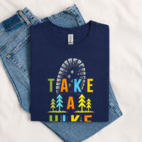 Thumbnail for May include a Navy Take A Hike Boot Print T-Shirt featuring a hiking boot print graphic with a funny outdoor quote for hikers, campers, backpackers, and nature lovers.