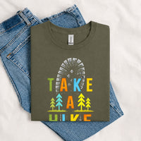 Thumbnail for May include a Military Green Take A Hike Boot Print T-Shirt featuring a hiking boot print graphic with a funny outdoor quote for hikers, campers, backpackers, and nature lovers.
