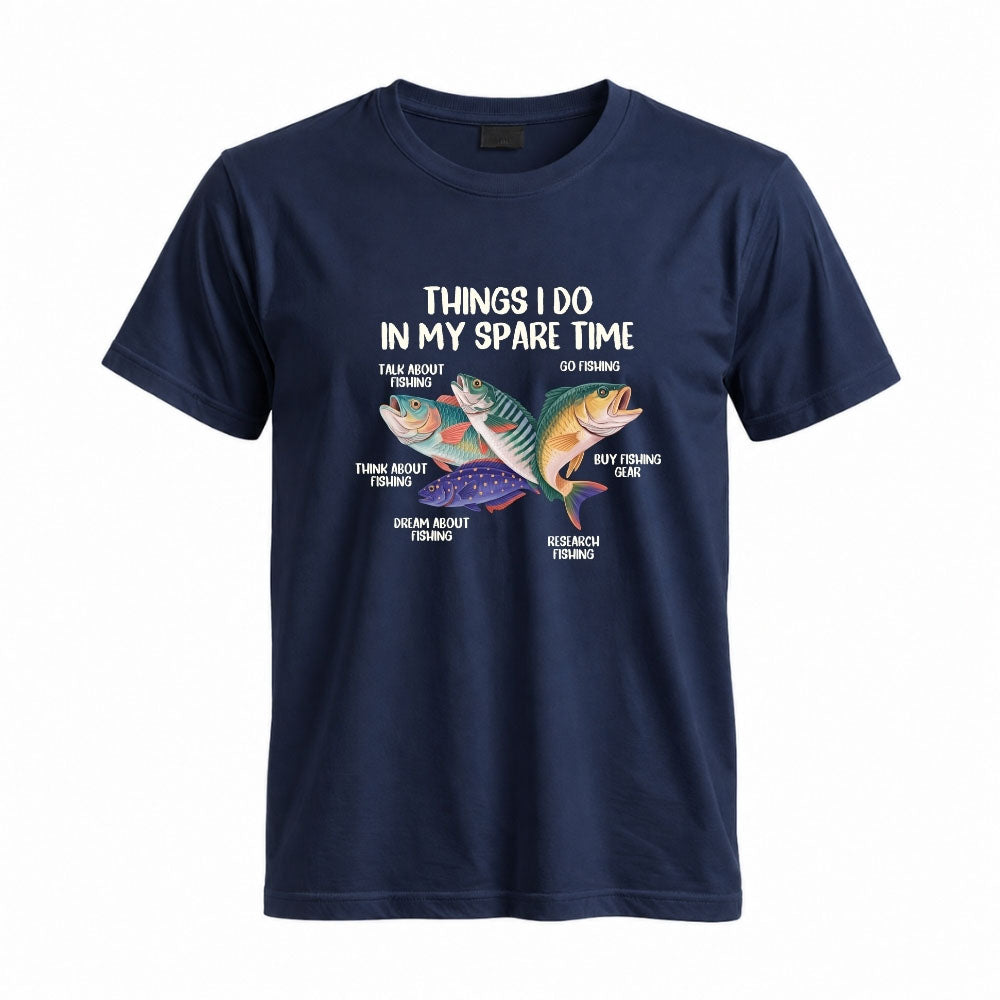 May include a Navy Things I Do In My Spare Time Fishing T-Shirt featuring a funny fishing graphic design for anglers, fishermen, and outdoor enthusiasts.