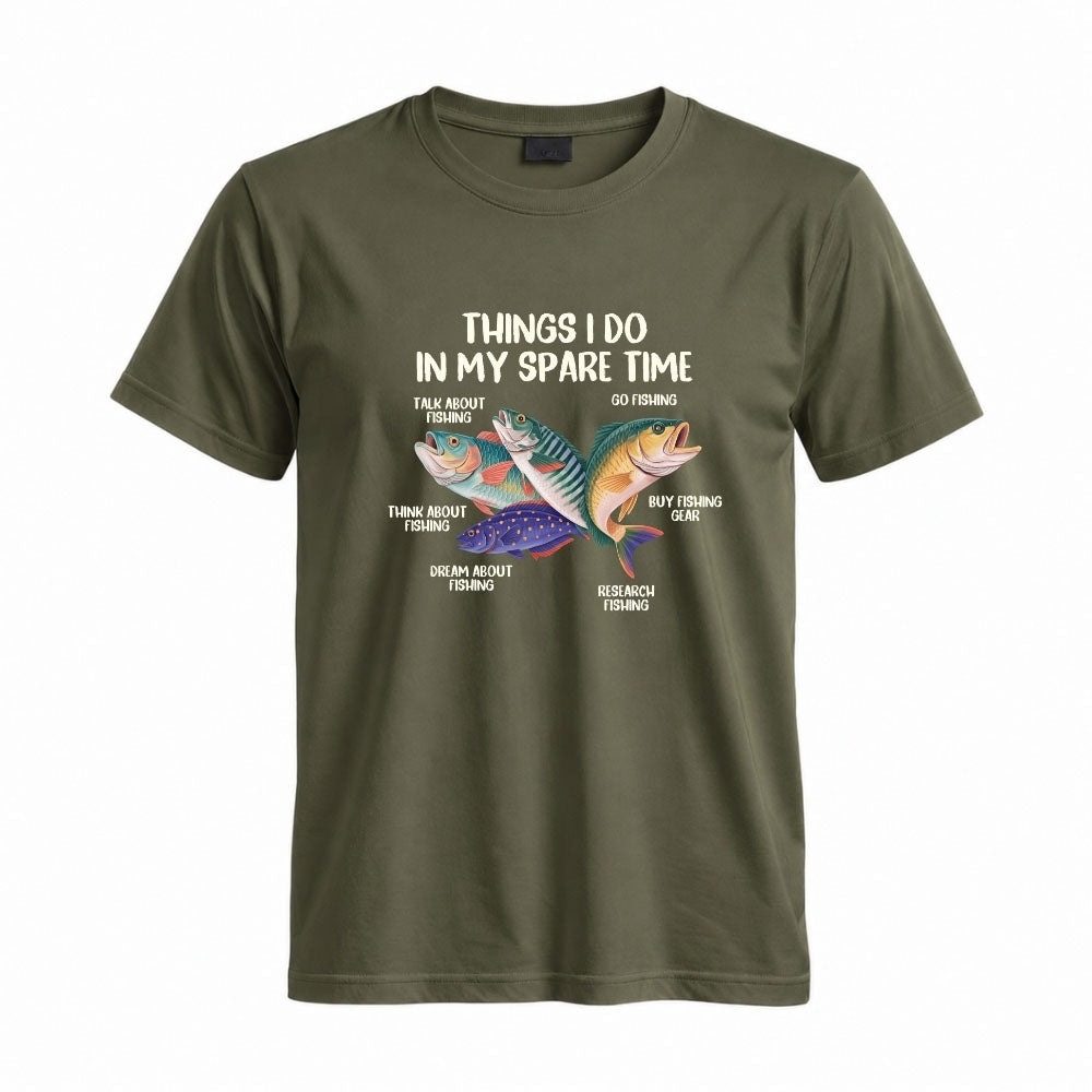 May include a Military Green Things I Do In My Spare Time Fishing T-Shirt featuring a funny fishing graphic design for anglers, fishermen, and outdoor enthusiasts.