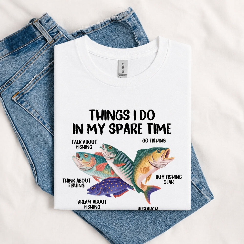 May include a White Things I Do In My Spare Time Fishing T-Shirt featuring a funny fishing graphic design for anglers, fishermen, and outdoor enthusiasts.