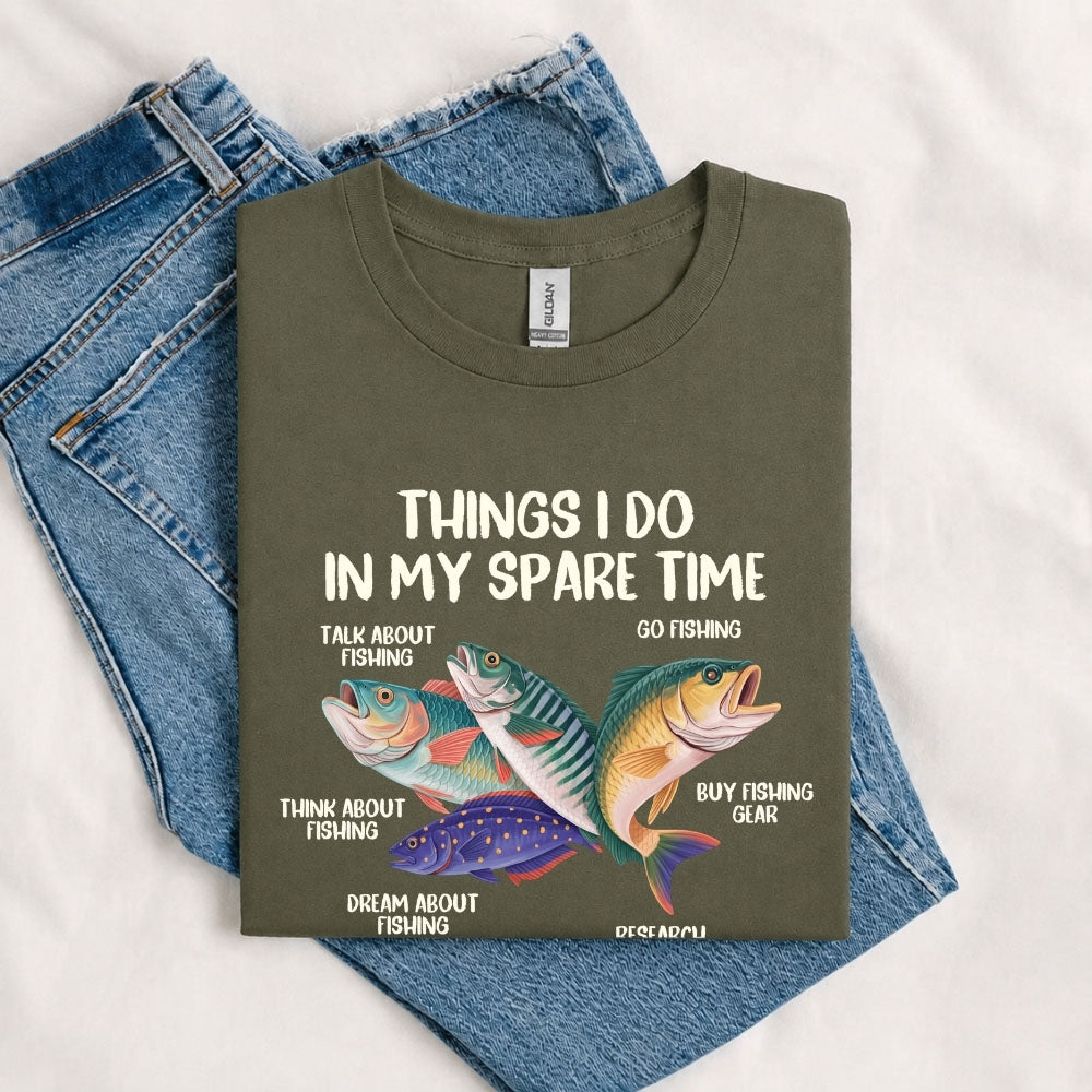 May include a Military Green Things I Do In My Spare Time Fishing T-Shirt featuring a funny fishing graphic design for anglers, fishermen, and outdoor enthusiasts.