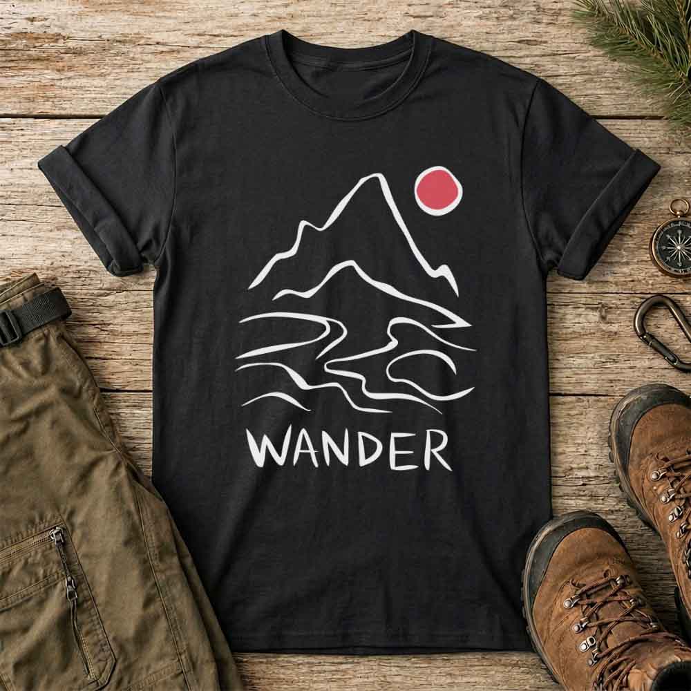 May include a black t-shirt with a wander mountain graphic, red sun detail, and outdoor adventure style for hikers and nature lovers.