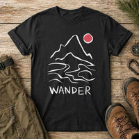 Thumbnail for May include a black t-shirt with a wander mountain graphic, red sun detail, and outdoor adventure style for hikers and nature lovers.
