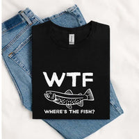 Thumbnail for May include a black t-shirt featuring the phrase “WTF – Where’s The Fish” in bold graphic lettering designed for fishing humor lovers.