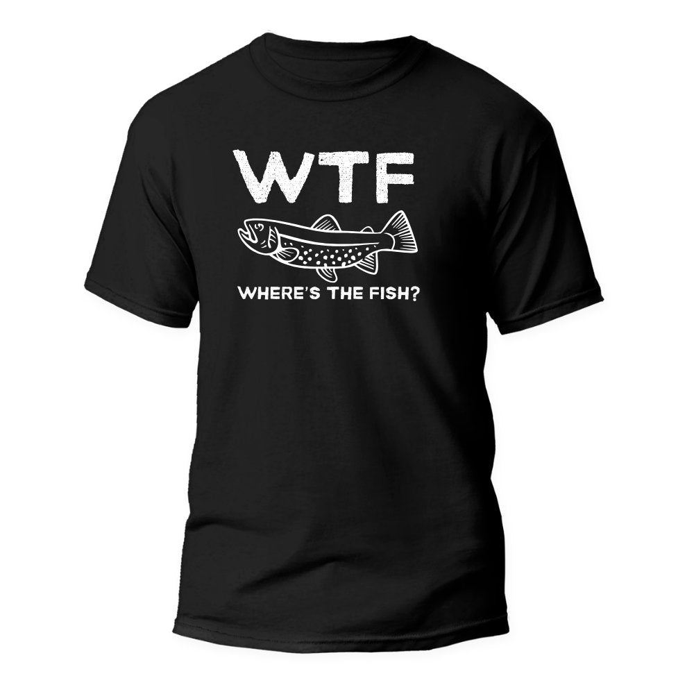 May include a black t-shirt featuring the phrase “WTF – Where’s The Fish” in bold graphic lettering designed for fishing humor lovers.