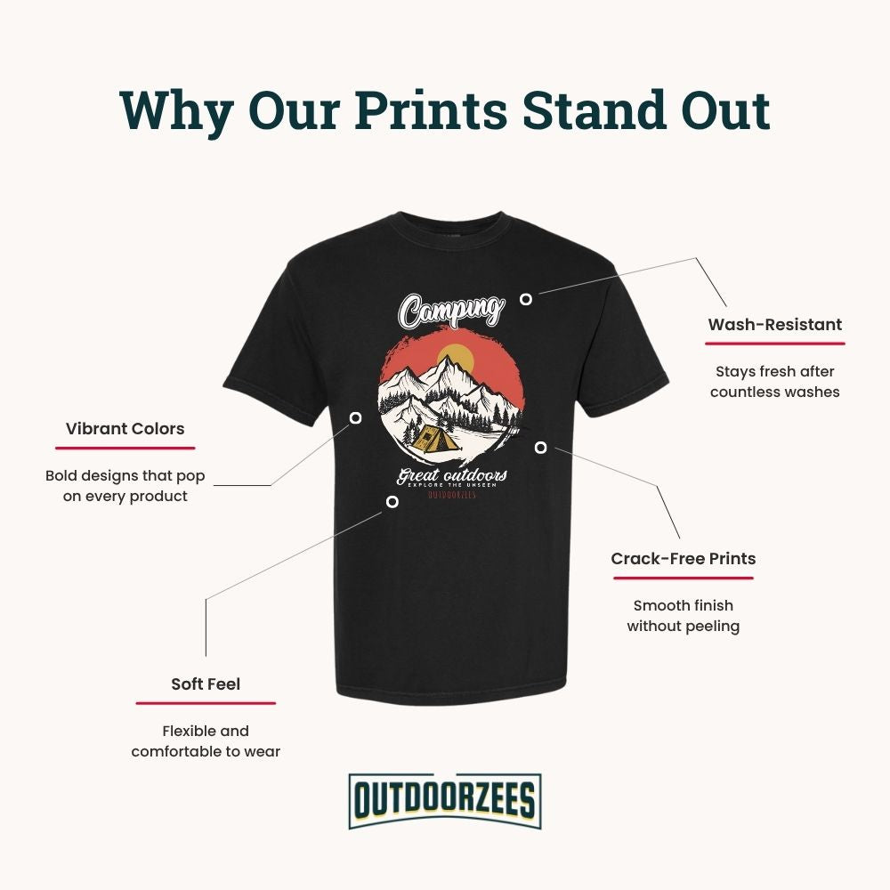 Black t-shirt with a camping graphic and text highlighting print features on a white background.